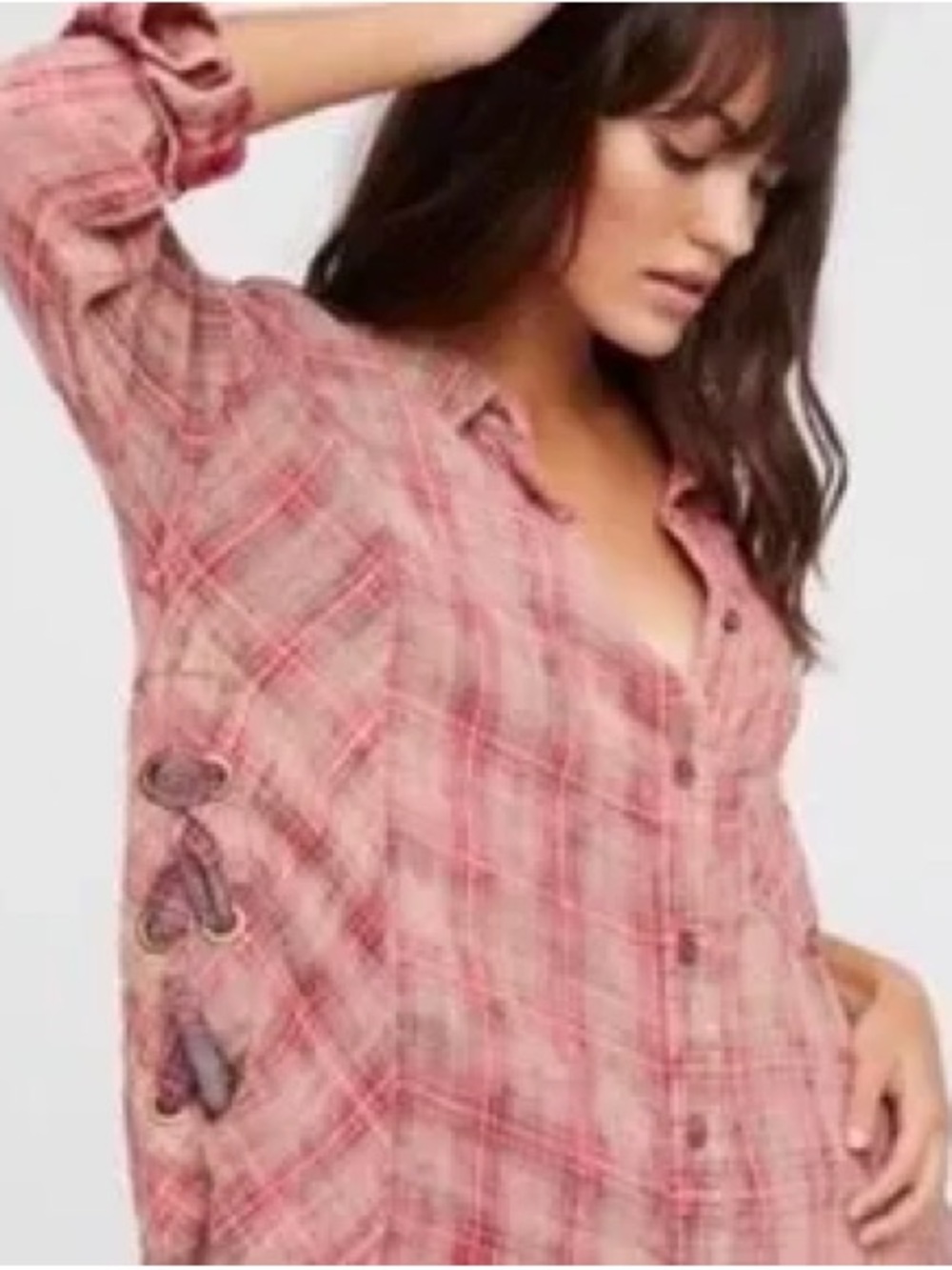Free People M Pink Red Flannel Plaid Tunic Top Boho Hippie Long Sleeve Shirt - Picture 3 of 12